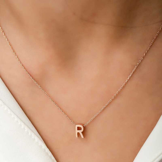 Rose Plated 3D Letter R Women's Silver Necklace