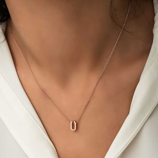 Rose Plated 3D Letter U Women's Silver Necklace