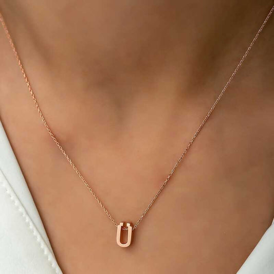 Rose Plated 3D Letter U Women's Silver Necklace
