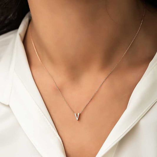 Rose Plated 3D V Letter Women's Silver Necklace