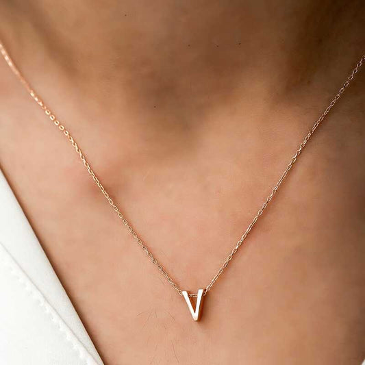 Rose Plated 3D V Letter Women's Silver Necklace
