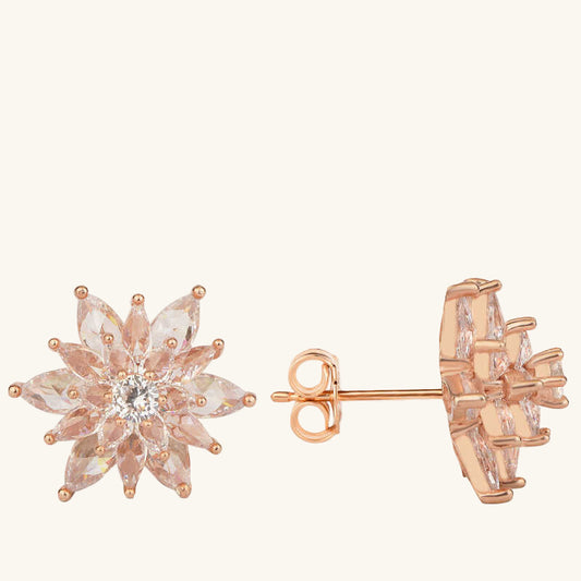 Rosévergoldete, weiße Steine, 4-lagige Lotusblüten-Ohrstecker für Damen, Silber