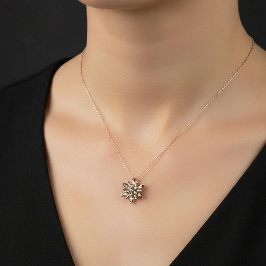 Rose Plated Olive Green 4 Layer Lotus Flower Women's Silver Necklace