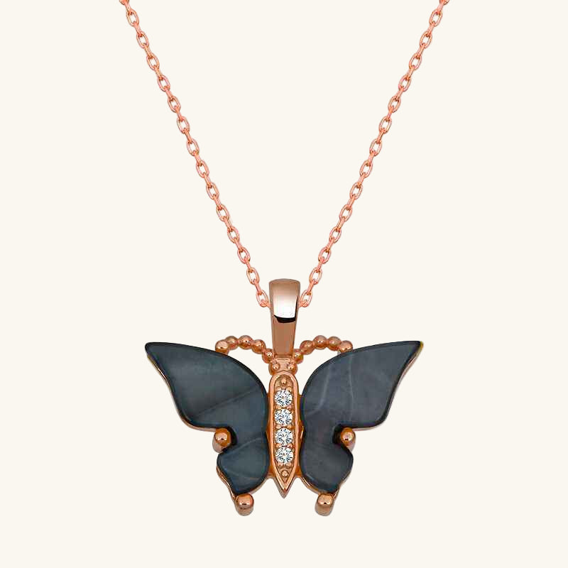 Rose Plated Anthracite Tiger's Eye Stone Butterfly Women's Silver Necklace