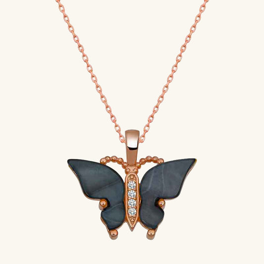 Rose Plated Anthracite Tiger's Eye Stone Butterfly Women's Silver Necklace