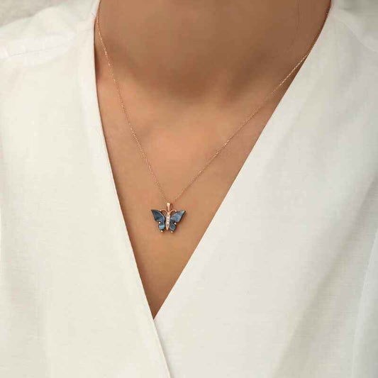 Rose Plated Anthracite Tiger's Eye Stone Butterfly Women's Silver Necklace