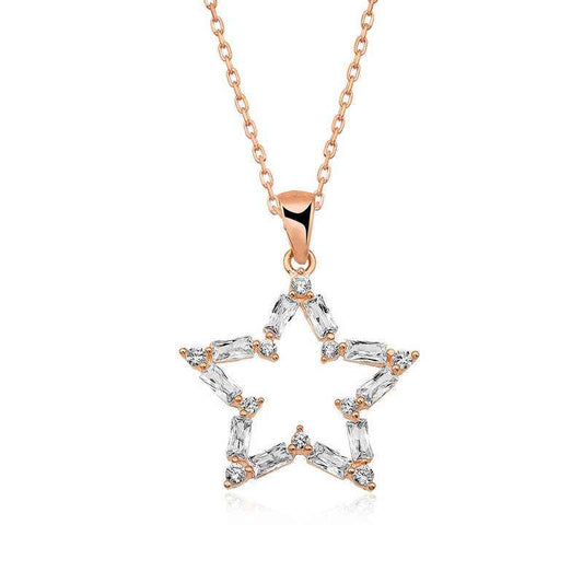 Rose Plated Baguette Stone Star Silver Necklace