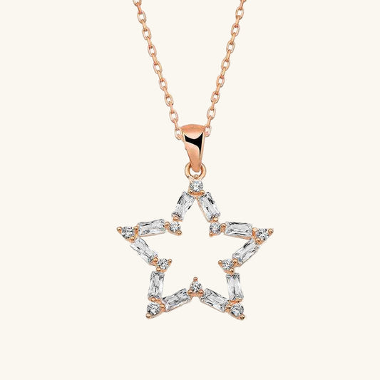 Rose Plated Baguette Stone Star Silver Necklace