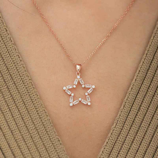 Rose Plated Baguette Stone Star Silver Necklace