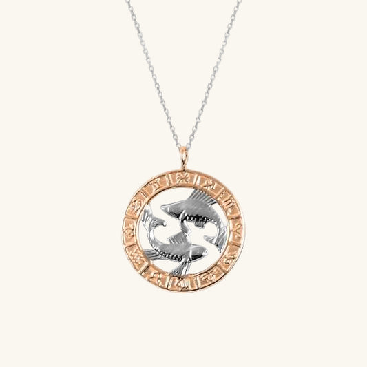 Collier en argent plaqué or rose avec signe du zodiaque Poissons