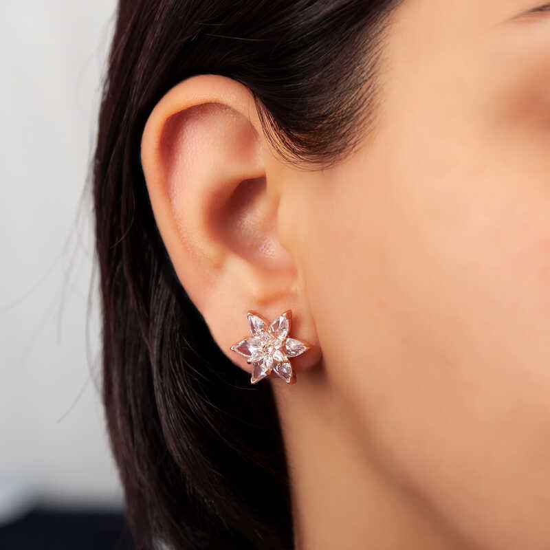 White Lotus Flower Stud Women's Rose Plated Silver Earrings