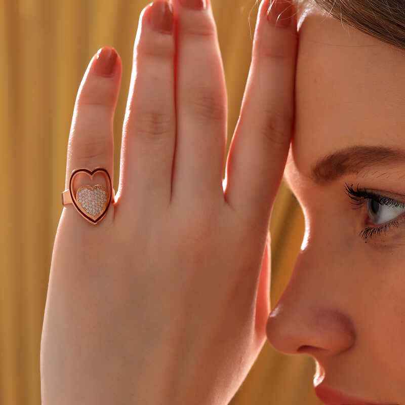 White Stone Heart Rose Plated Women's Silver Ring