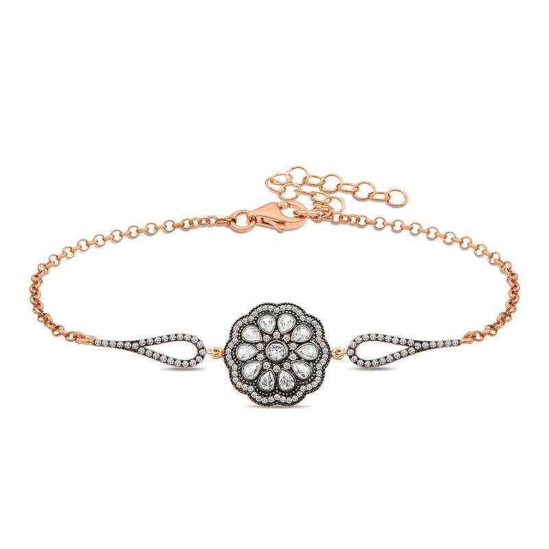 Rose Gold Plated Flower Pattern Diamond Setting Women's Silver Bracelet