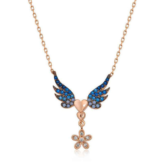 Rose Plated Flowered Winged Heart Silver Necklace