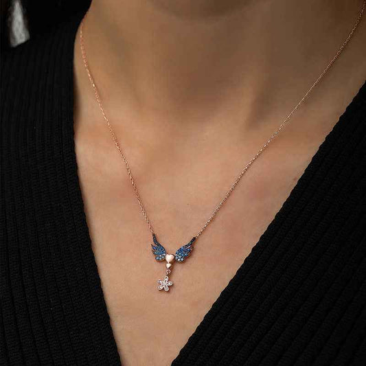 Rose Plated Flowered Winged Heart Silver Necklace