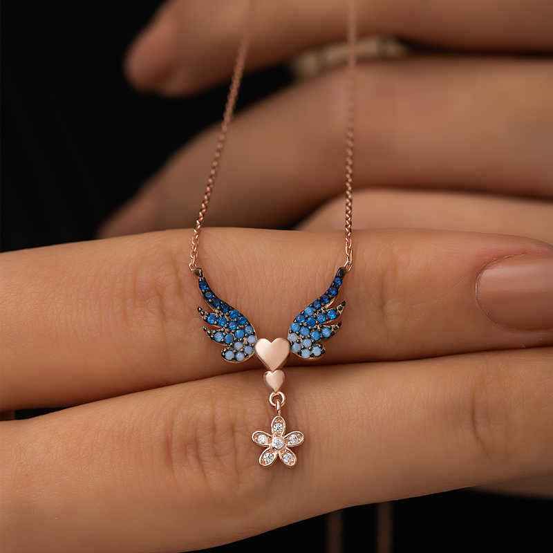 Rose Plated Flowered Winged Heart Silver Necklace