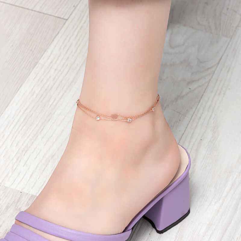 Rose Plated Double Chain Heart Zircon Stone Silver Anklet