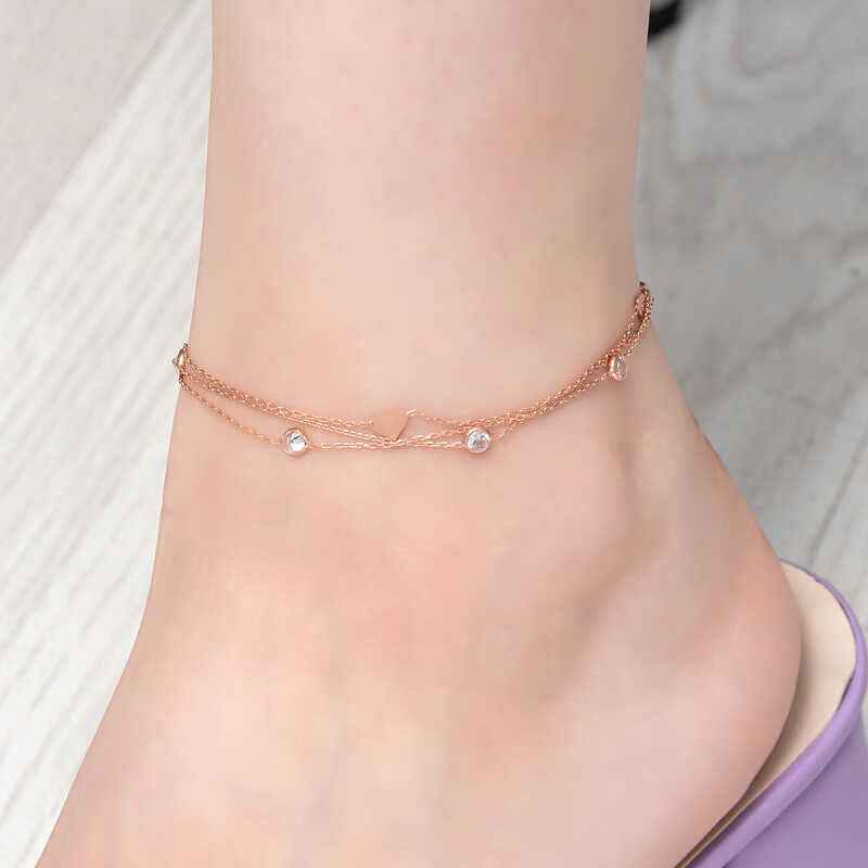 Rose Plated Double Chain Heart Zircon Stone Silver Anklet