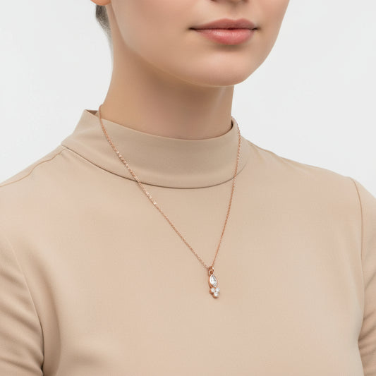 Rose Plated Teardrop Shaped Single Stone Women's Silver Necklace