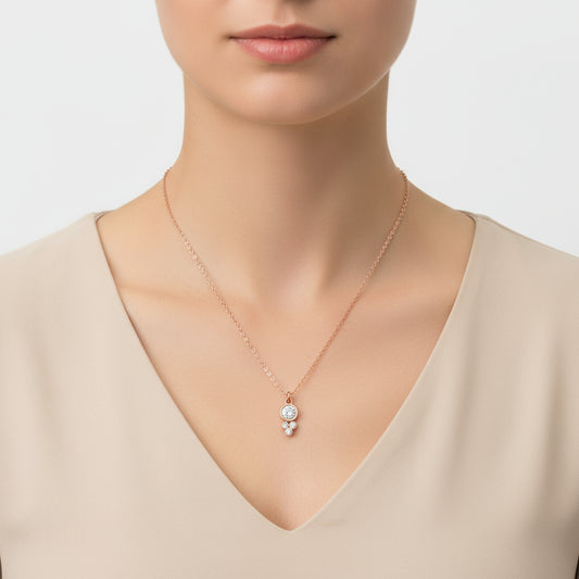 Rose Plated Dewdrop Round Solitaire Women's Silver Necklace