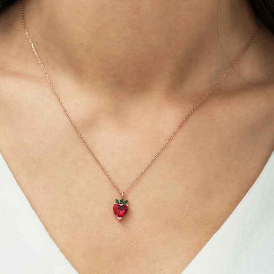 Rose Plated Strawberry Figural Fruit Silver Necklace