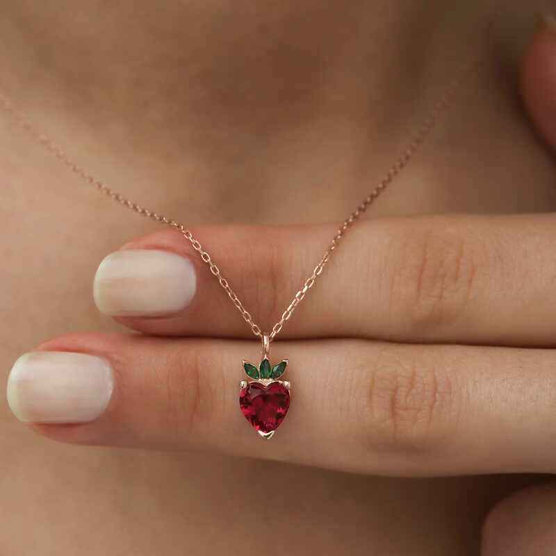 Rose Plated Strawberry Figural Fruit Silver Necklace
