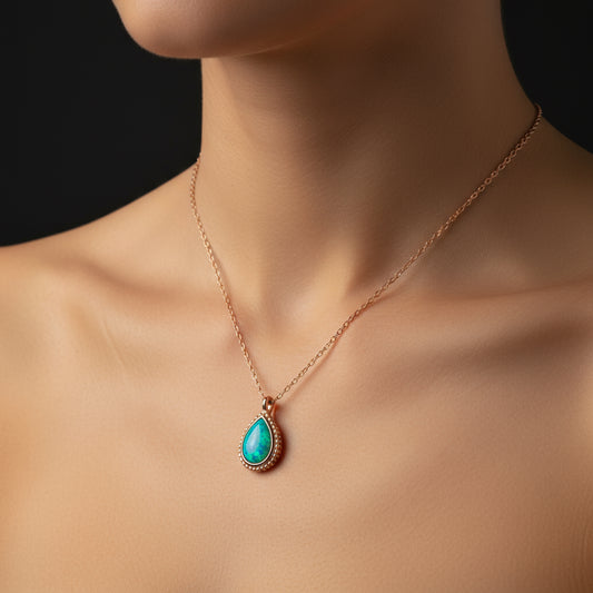 Rose Plated Drop Blue Opal Stone Women's Silver Necklace