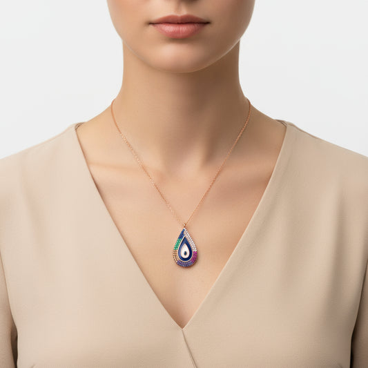 Collier en argent plaqué rose avec pendentif mauvais œil
