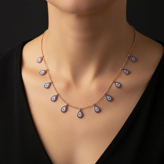 Rosévergoldete Tropfen-Halskette mit bösem Blick und Glücksbringer für Damen, Silber