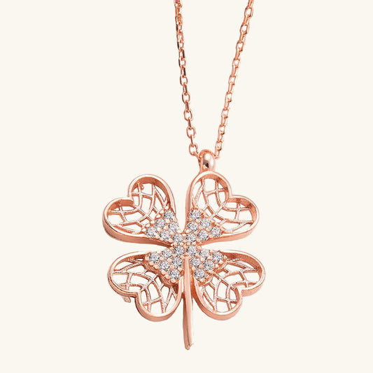 Collier en argent plaqué or rose avec trèfle à quatre feuilles pour femme