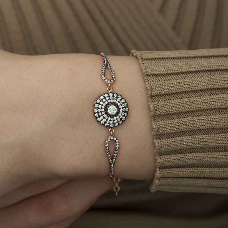 Rose Gold Plated Diamond Floral Women's Silver Bracelet