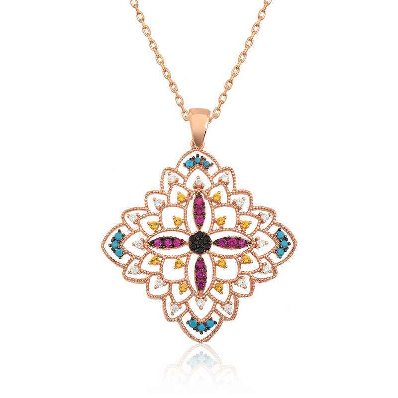 Ethnic Patterned Medallion Rose Plated Silver Necklace