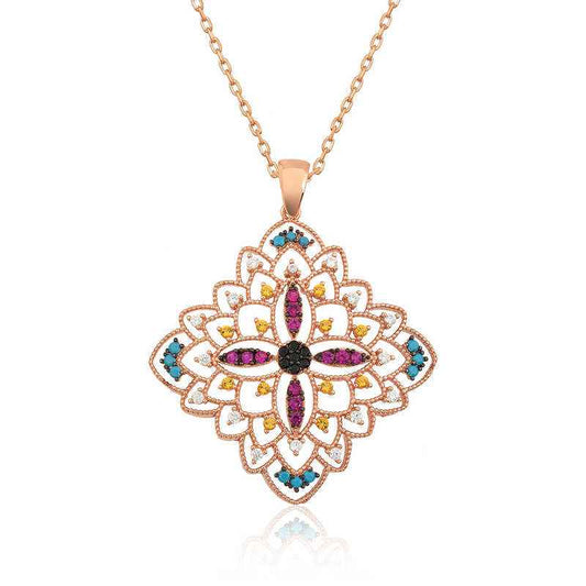 Ethnic Patterned Medallion Rose Plated Silver Necklace