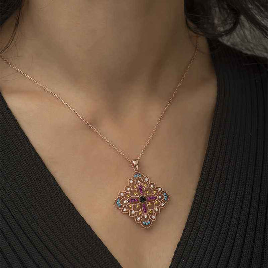 Ethnic Patterned Medallion Rose Plated Silver Necklace