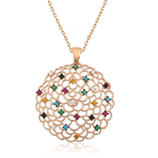 Geometric Pattern Pendant Rose Plated Silver Necklace