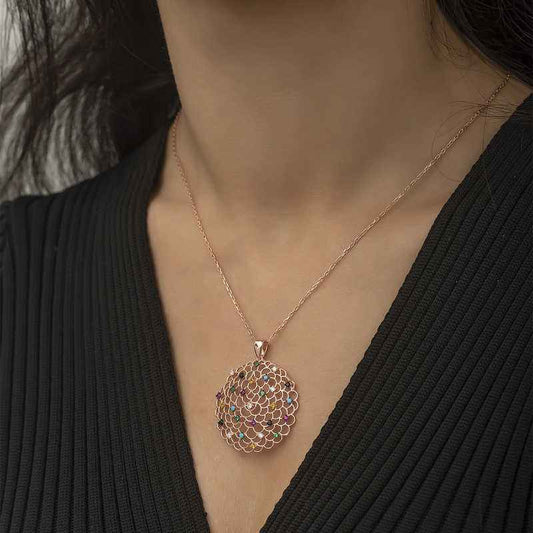 Geometric Pattern Pendant Rose Plated Silver Necklace