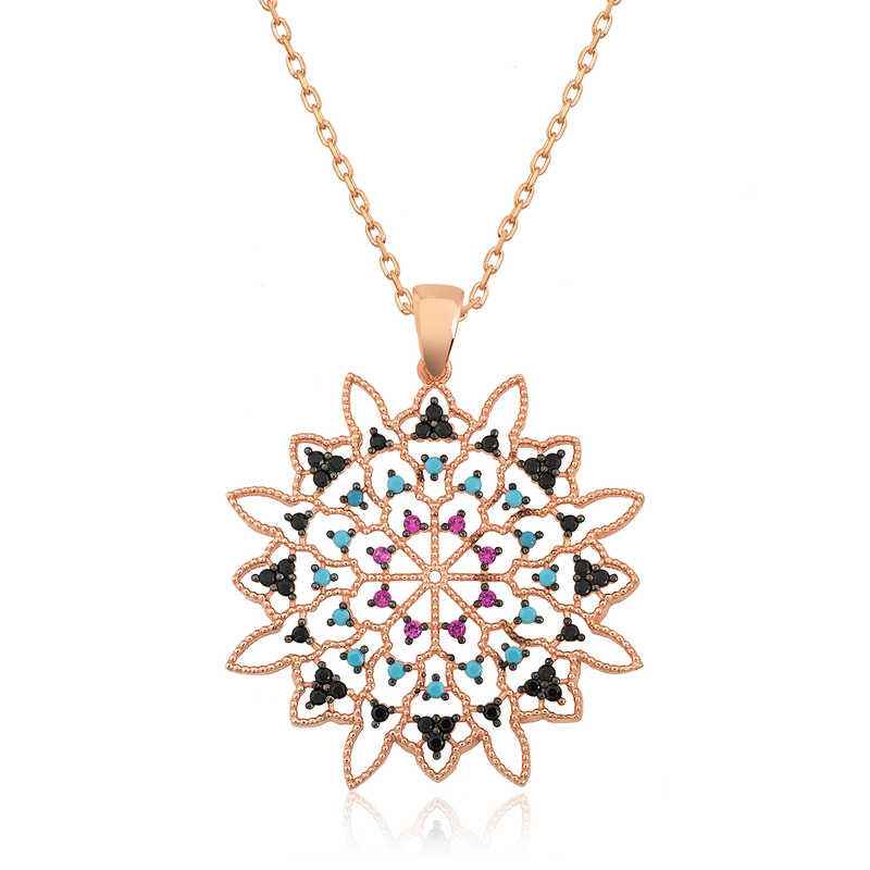 Rose Plated Geometric Pattern Pendant Silver Necklace