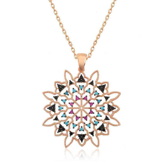 Rose Plated Geometric Pattern Pendant Silver Necklace