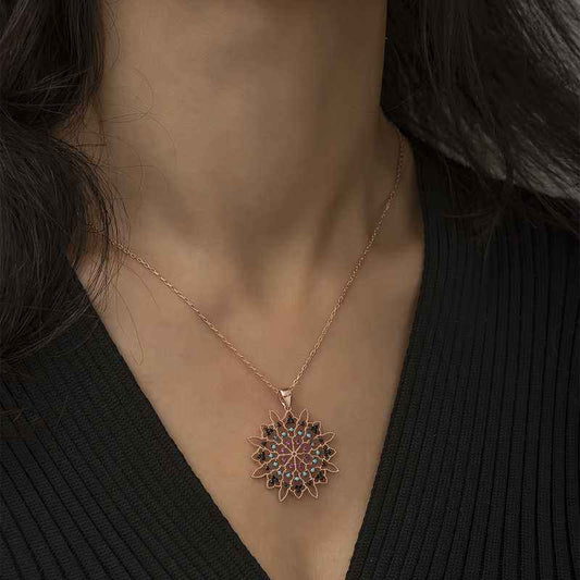 Rose Plated Geometric Pattern Pendant Silver Necklace