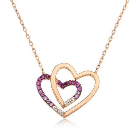 Rose Plated Two Heart Women's Silver Necklace