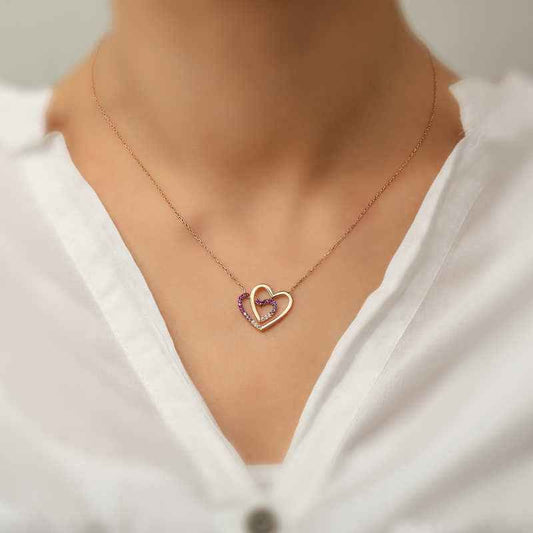 Rose Plated Two Heart Women's Silver Necklace