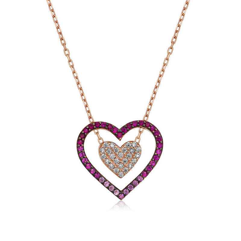 Rose Plated Two Heart Women's Silver Necklace