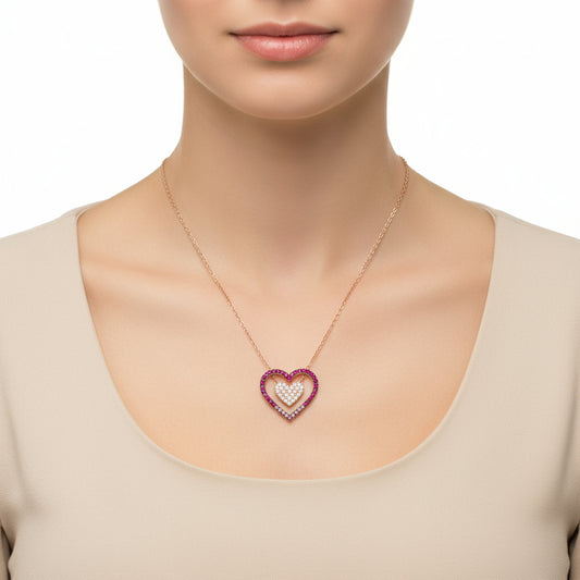 Collier en argent plaqué rose à deux cœurs pour femme