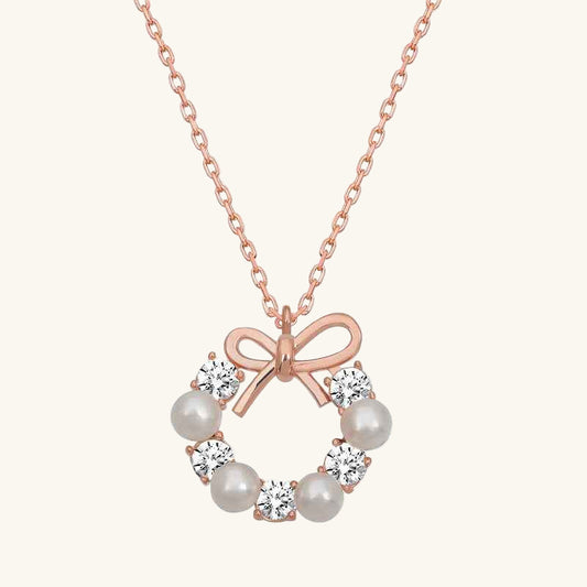 Rose Pearl Ribbon Women's Silver Necklace