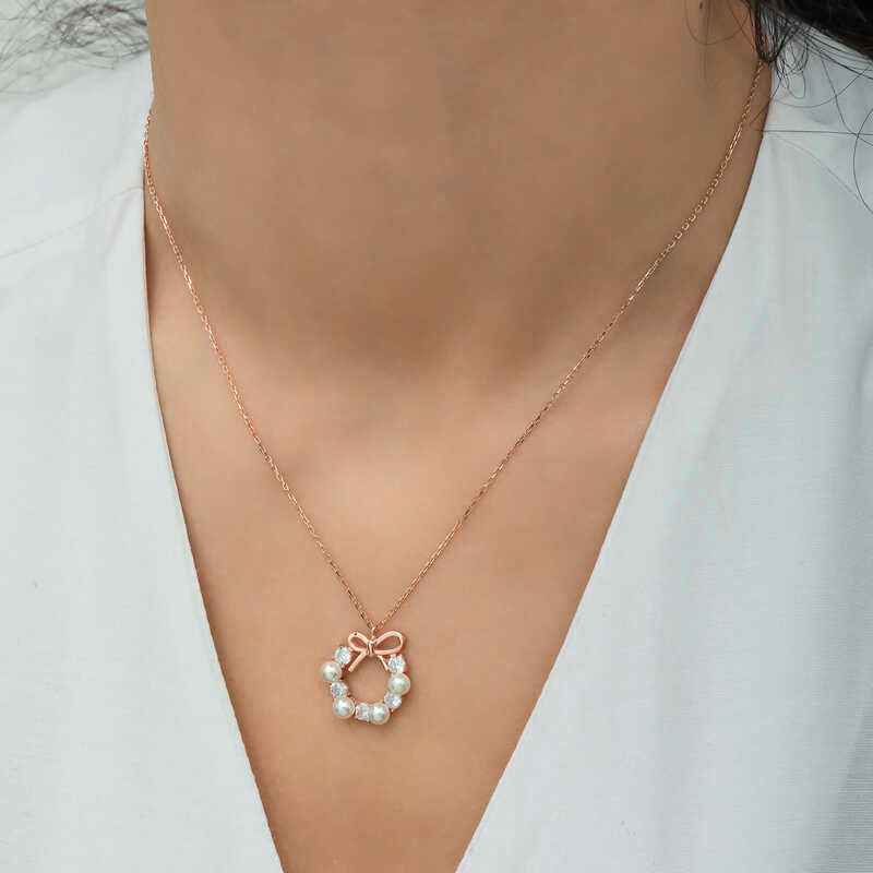 Rose Pearl Ribbon Women's Silver Necklace