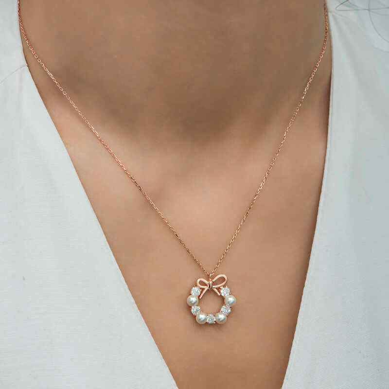 Rose Pearl Ribbon Women's Silver Necklace