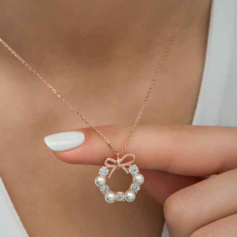 Rose Pearl Ribbon Women's Silver Necklace