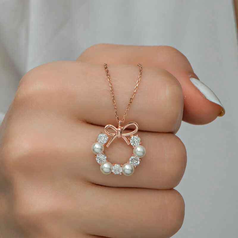Rose Pearl Ribbon Women's Silver Necklace