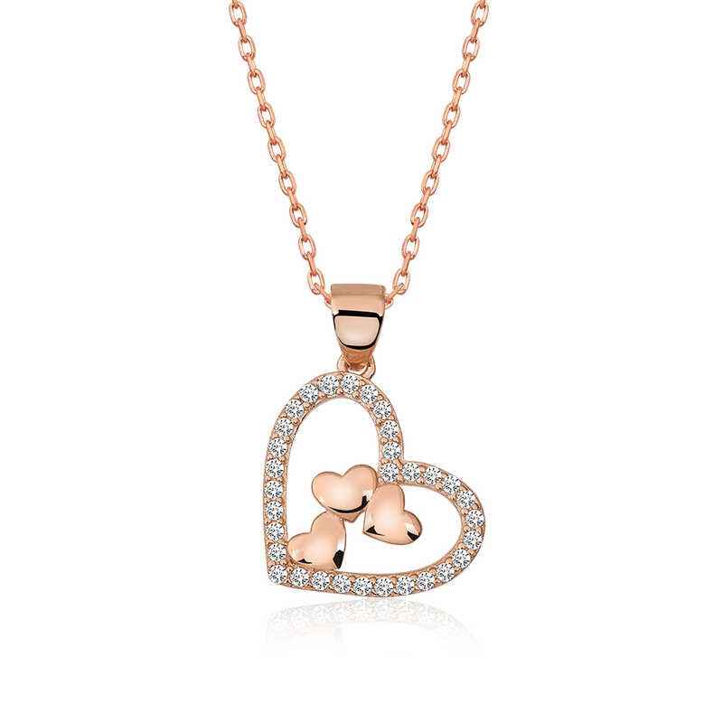 Rose Plated Three Hearts Inside a Heart Women's Silver Necklace