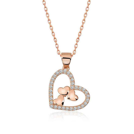 Rose Plated Three Hearts Inside a Heart Women's Silver Necklace